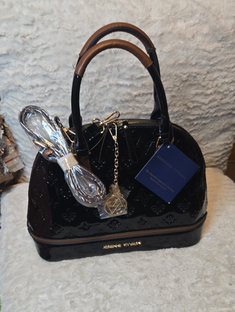 Adrienne Vittadini Black Patent Dome Satchel with Tan Accents